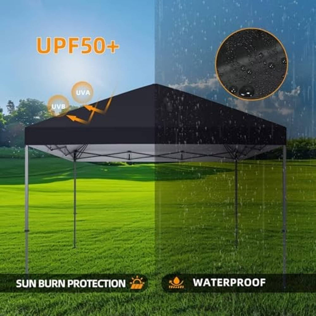 Black UV-protective waterproof canopy top with water-shedding fabric in rainy conditions