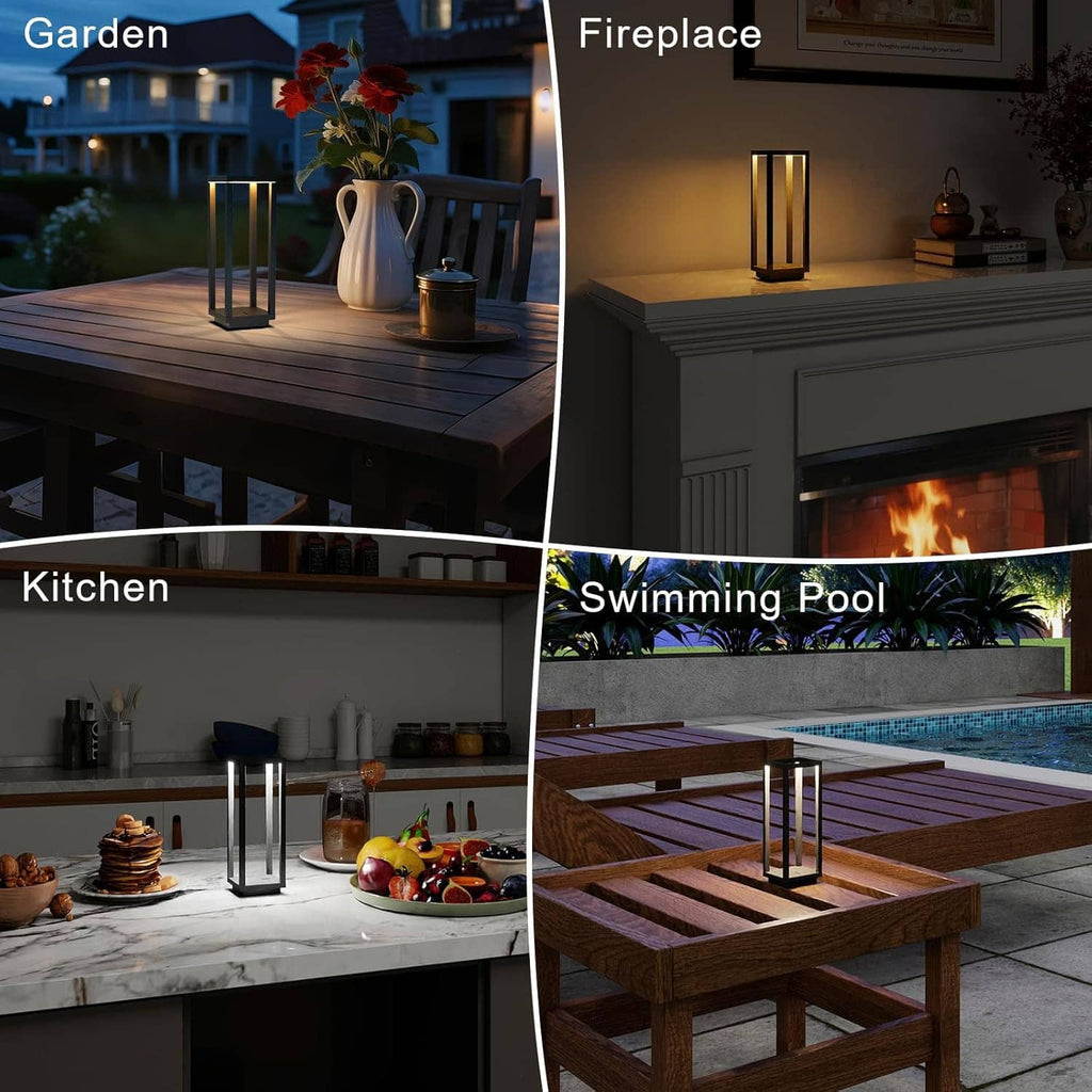 Black lantern table lamp with warm LED glow shown in outdoor and indoor settings