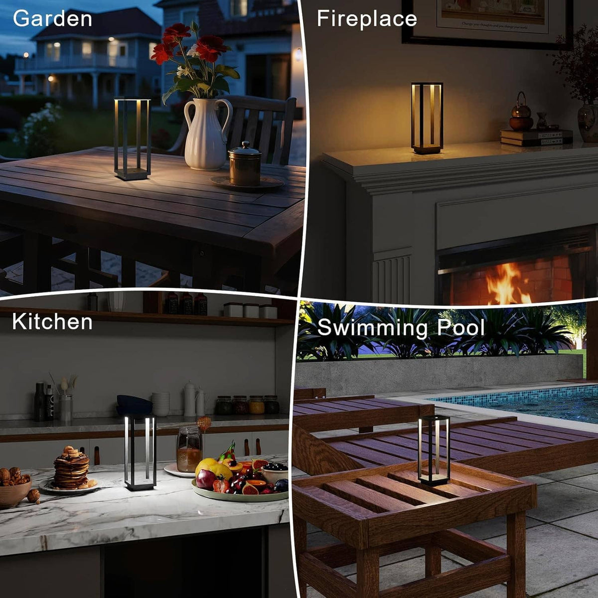 Black lantern table lamp with warm LED glow shown in outdoor and indoor settings