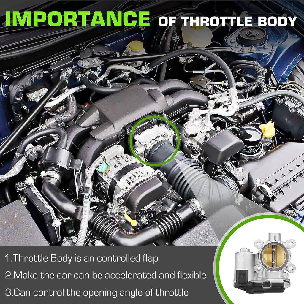 Throttle body shown installed in engine bay with surrounding engine components