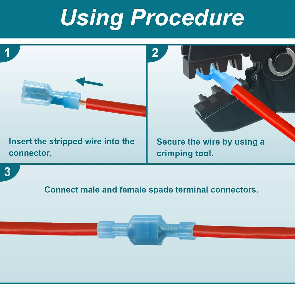 Quick disconnect spade connectors crimping and connecting male and female terminals
