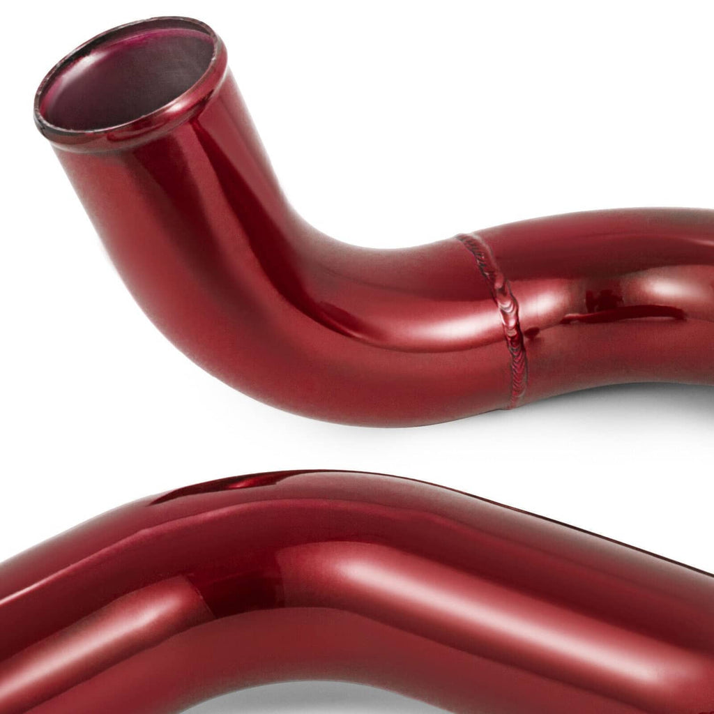 Red turbo intercooler pipe elbow with visible seam and glossy finish
