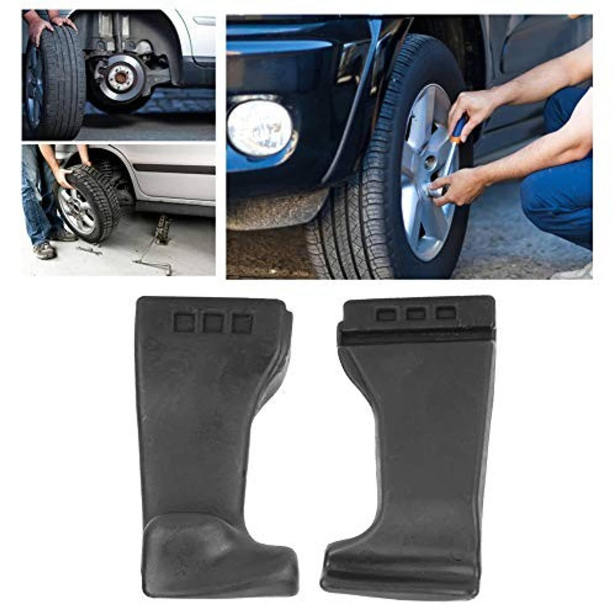 Pair of dark tire changer duck head tools with three-slot end edges