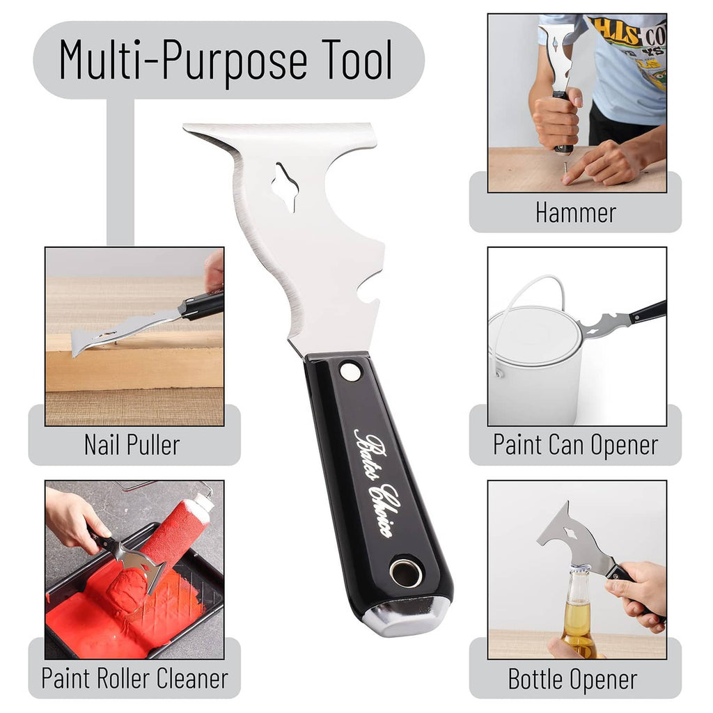 Multi-purpose paint scraper with black handle and metal scraper blade, feature layout