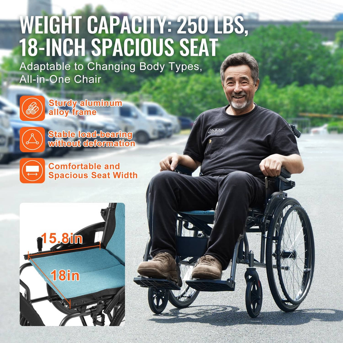 Manual wheelchair with spacious blue seat, sturdy frame, and padded backrest
