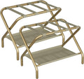 Foldable luggage rack with two-tier fabric shelves, gold frame and gray cross straps.