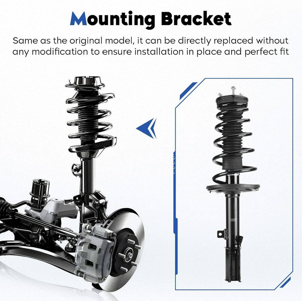 Shock strut with coil spring and mounting bracket shown in side view, black metal components.