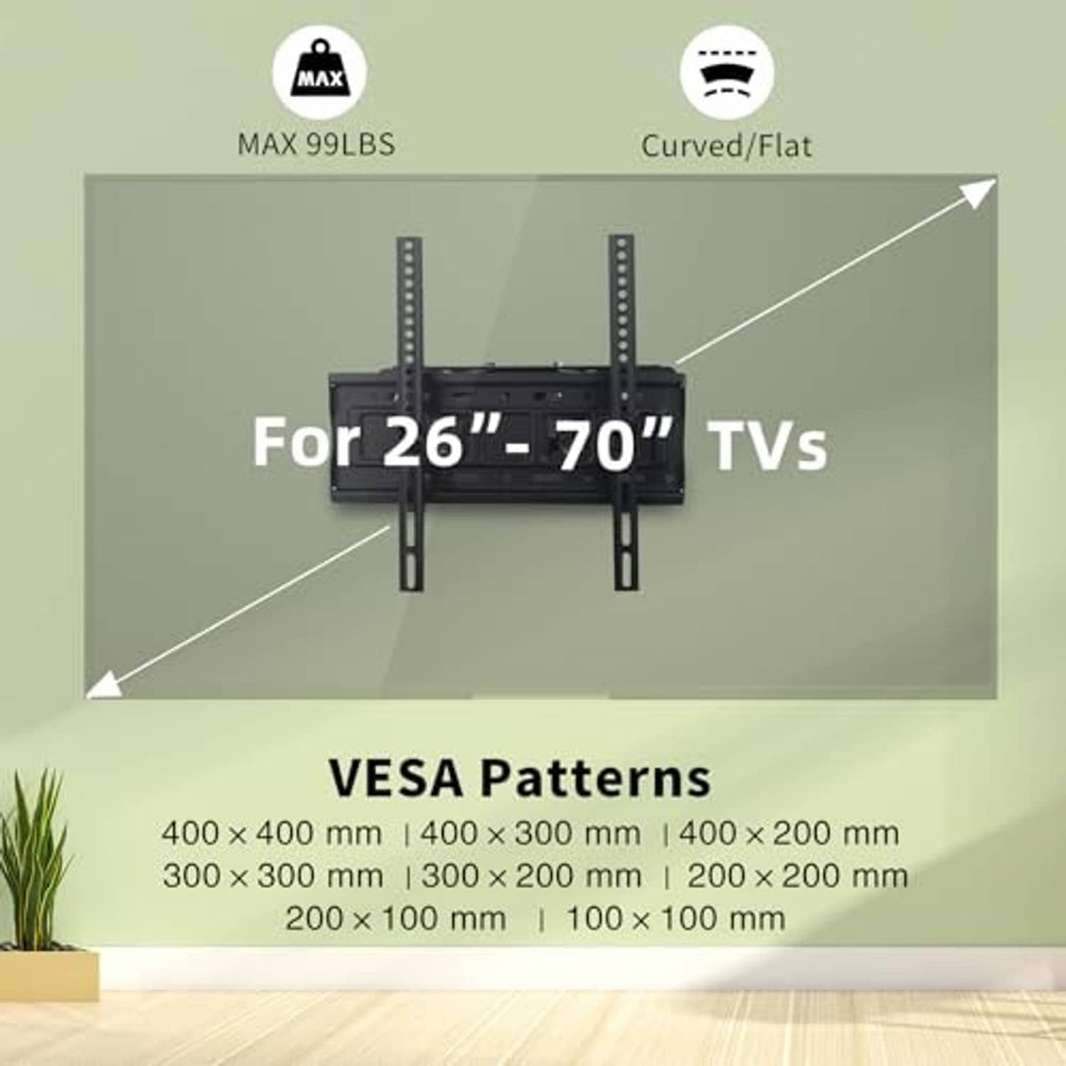 TV wall mount bracket sized for 26–70 inch flat or curved screens