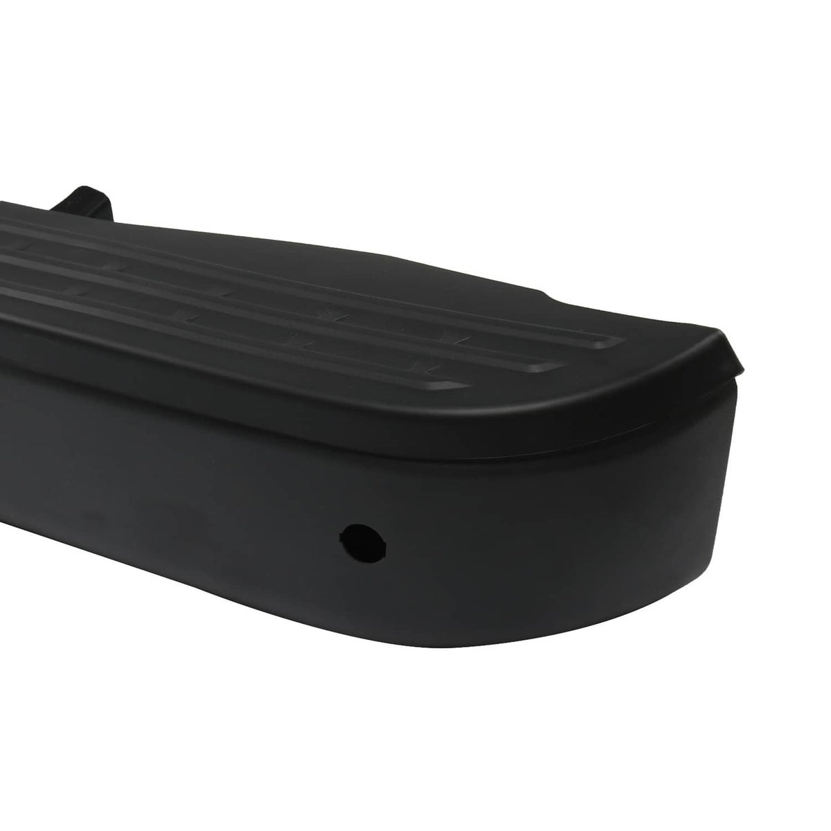Black rear step bumper cover end cap with round mounting hole