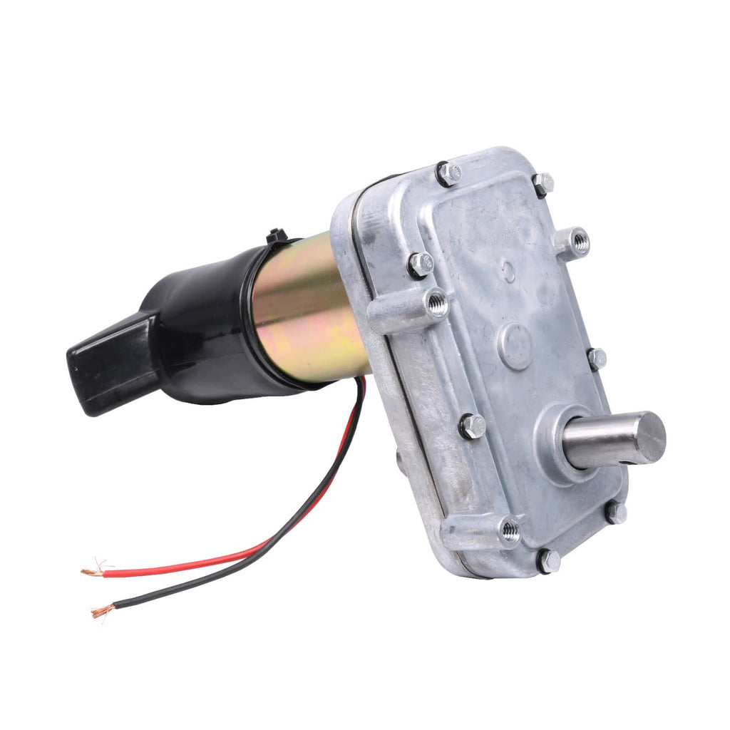 RV slide-out motor with silver gearbox plate, black housing, and two-wire lead