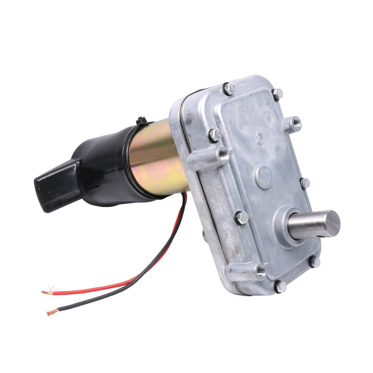 RV slide-out motor with silver gearbox plate, black housing, and two-wire lead