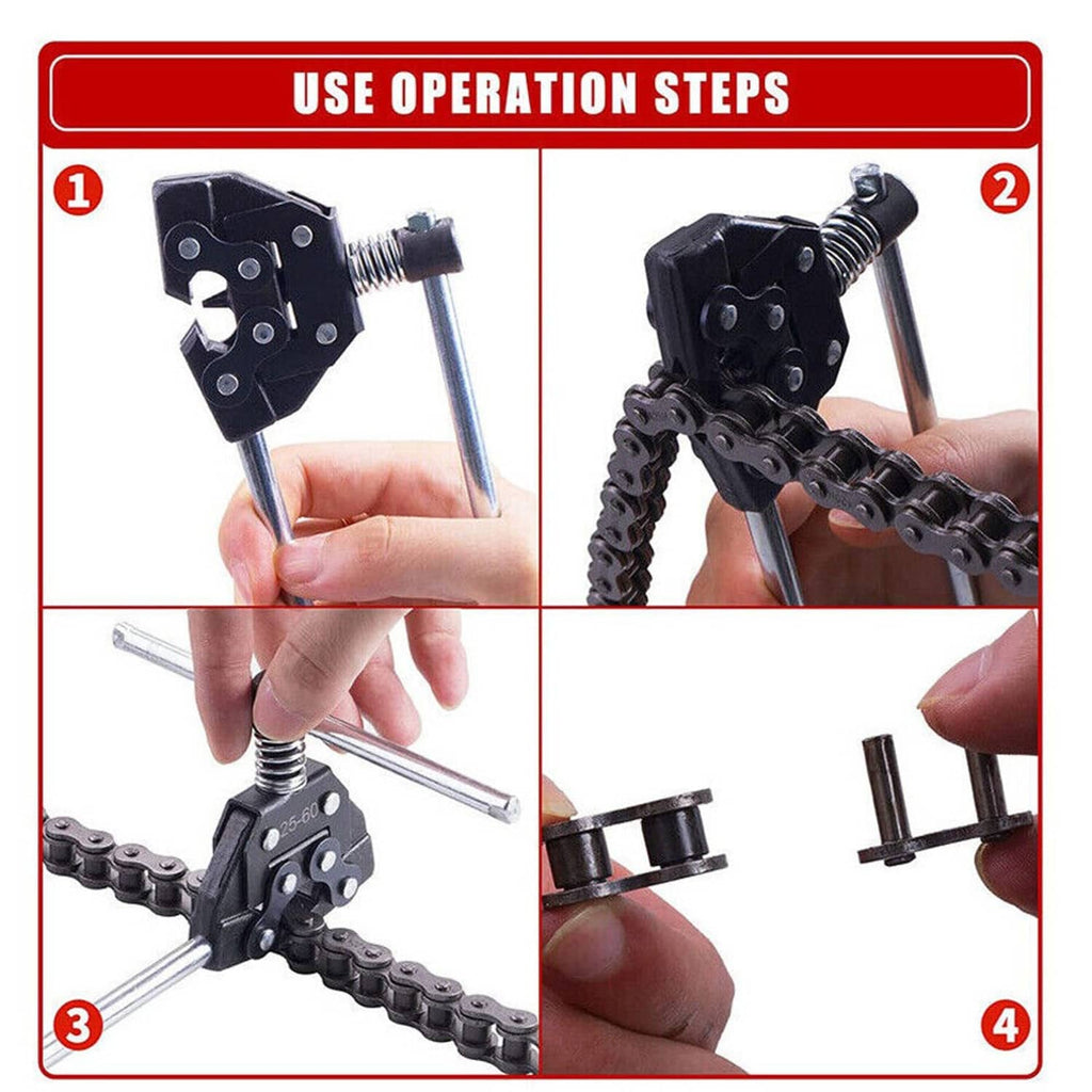 Roller chain breaker tool with handle and spring punch, used on a chain