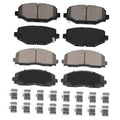 Brake pad set showing six gray ceramic pads on black backing, multiple angles