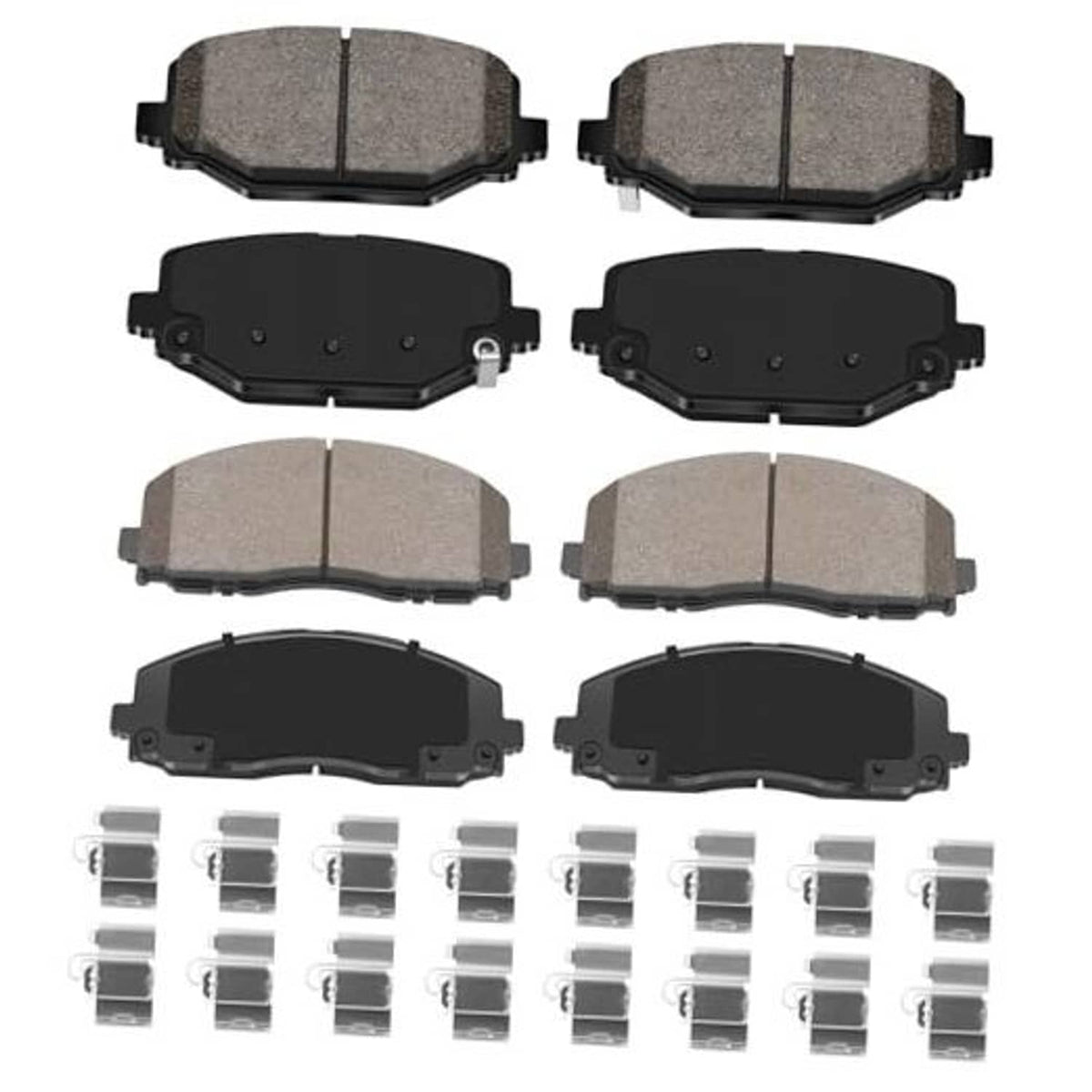 Brake pad set showing six gray ceramic pads on black backing, multiple angles