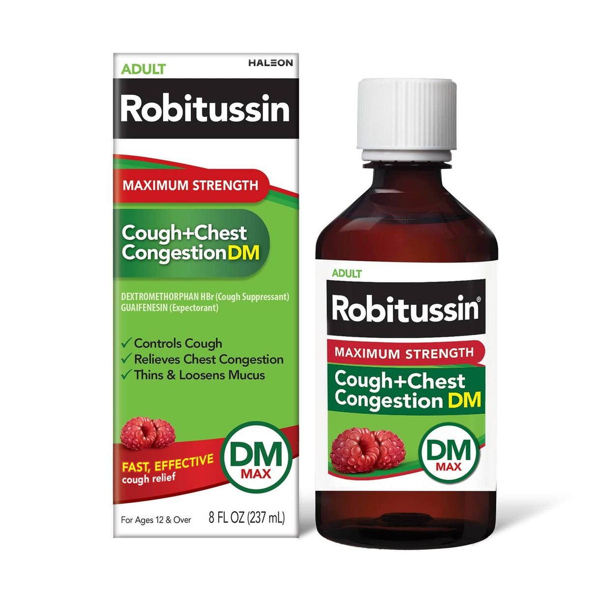 Robitussin DM maximum strength cough+chest congestion medicine bottle and box