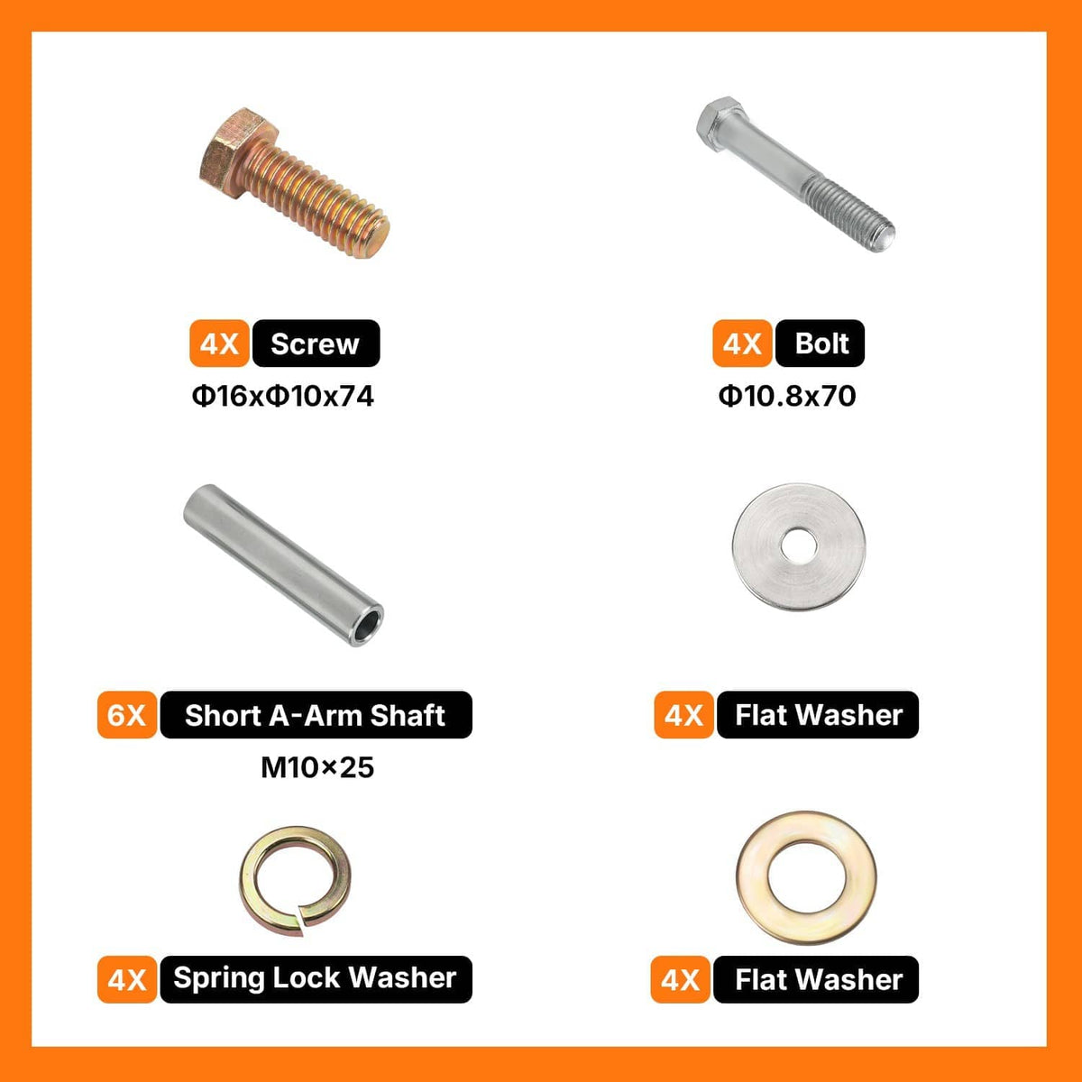 A-arm bushing shaft hardware kit with bolts, flat washers, and short steel shafts