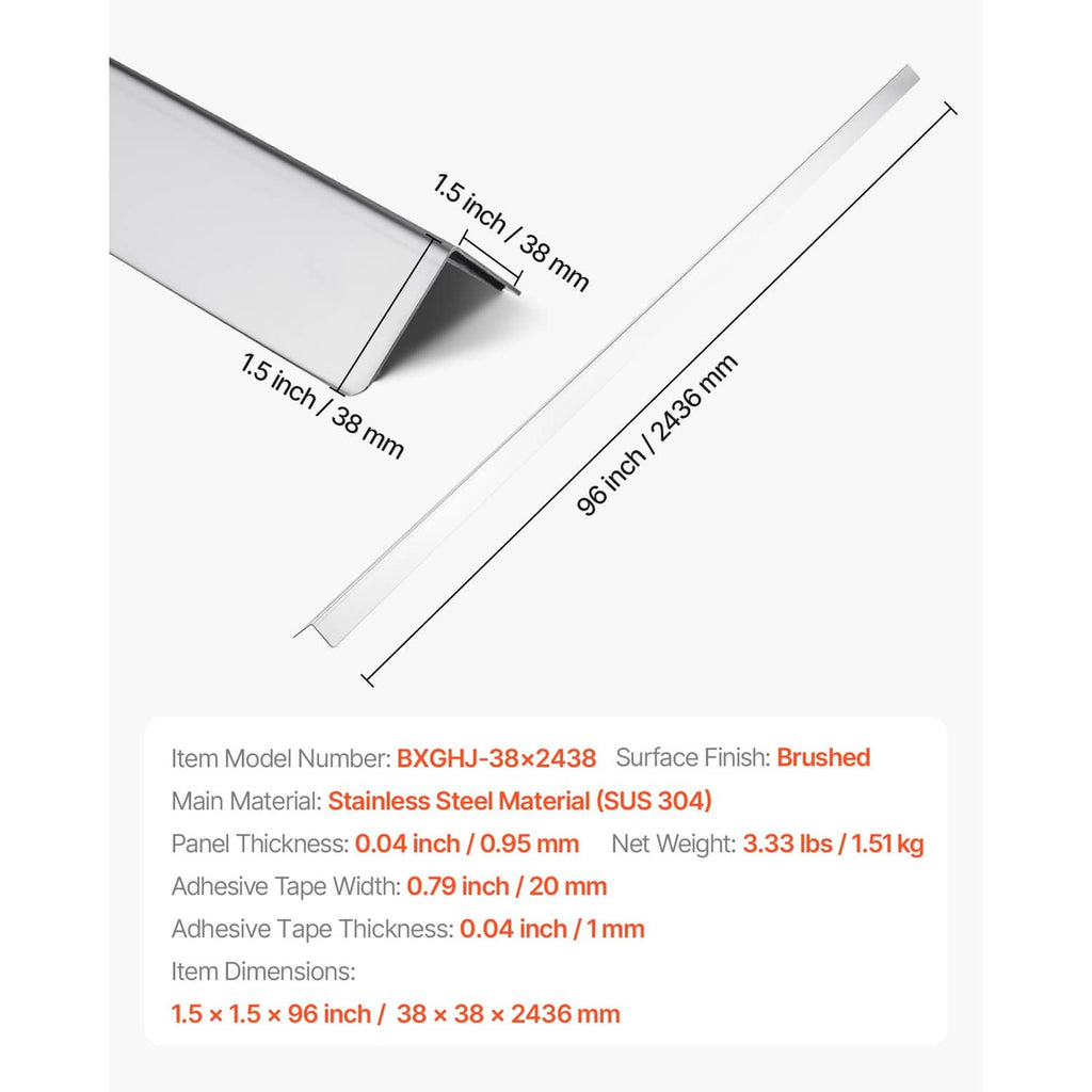 Brushed stainless steel corner protector strip with dimensions and self-adhesive tape