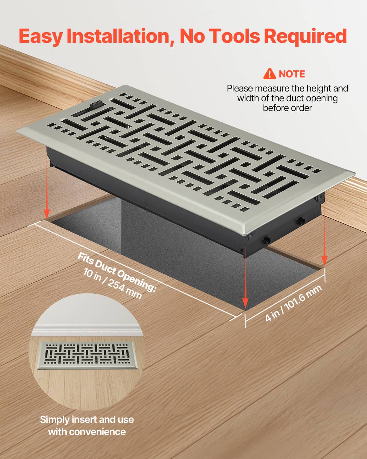 Floor register vent with geometric grille opening and black mounting frame on wood