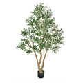 Artificial olive tree in black pot, tall with dense green leaves and olive accents
