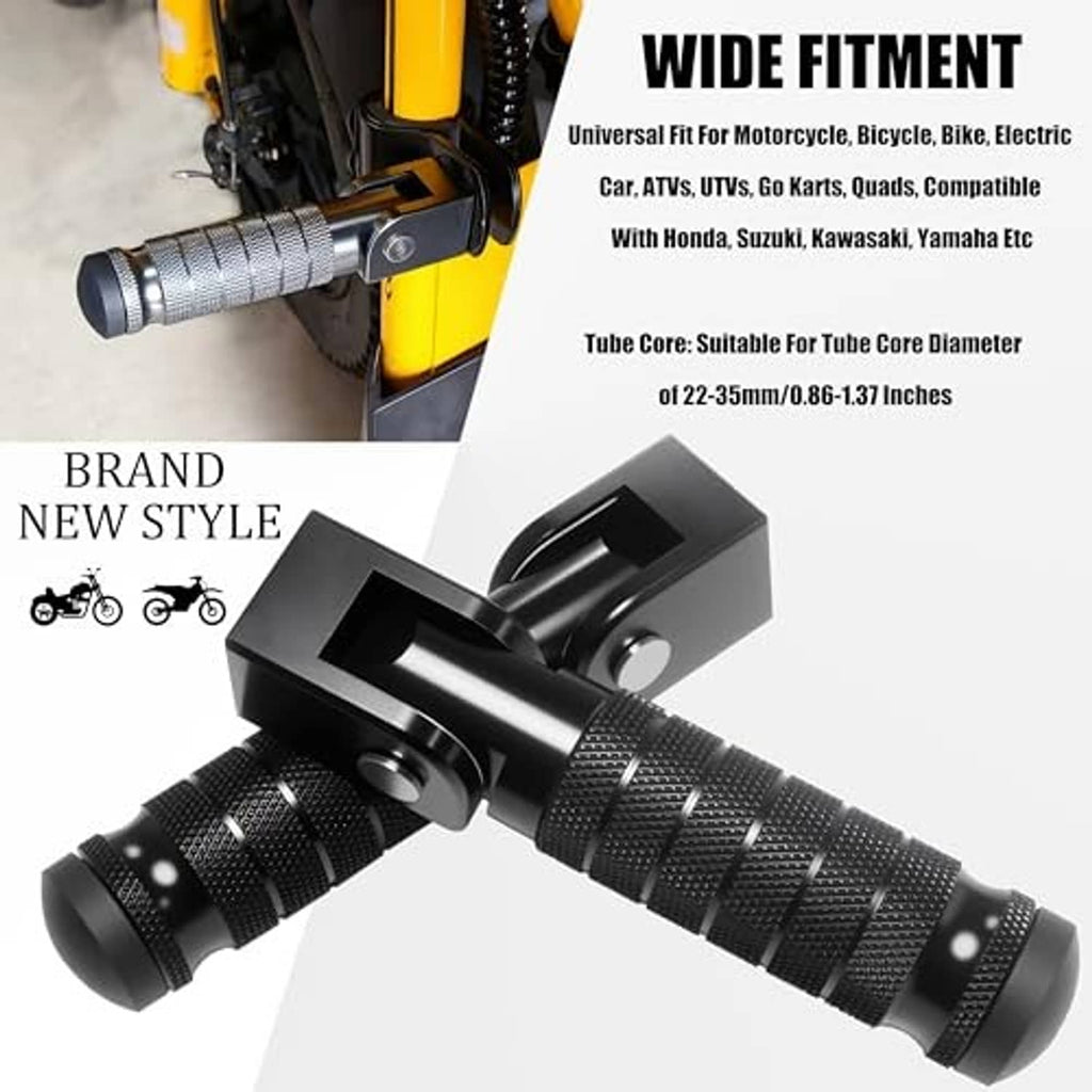Black foldable footrest pedal with textured rubber grip and clamp bracket.