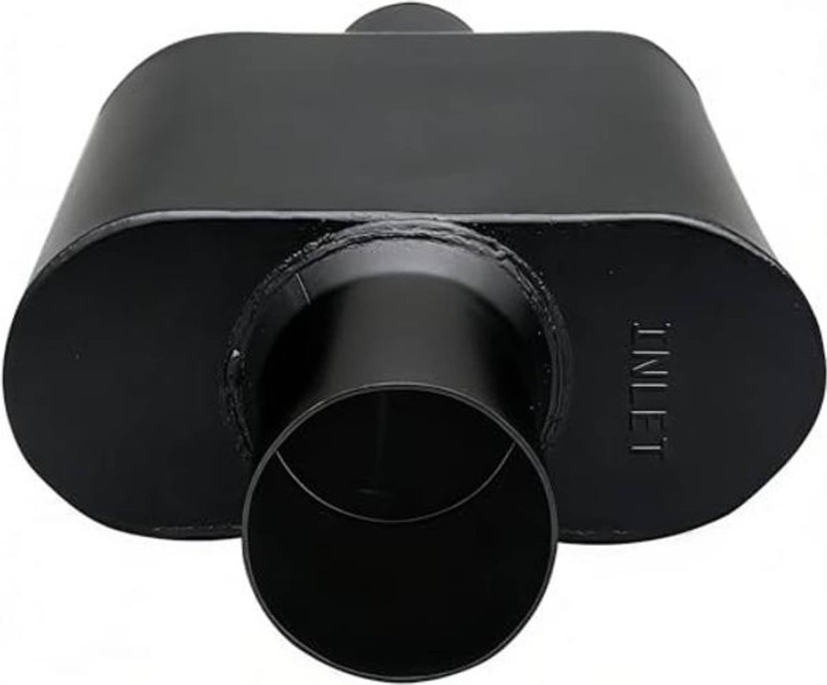Black muffler with round inlet/outlet opening, side outlet tube, and embossed logo detail
