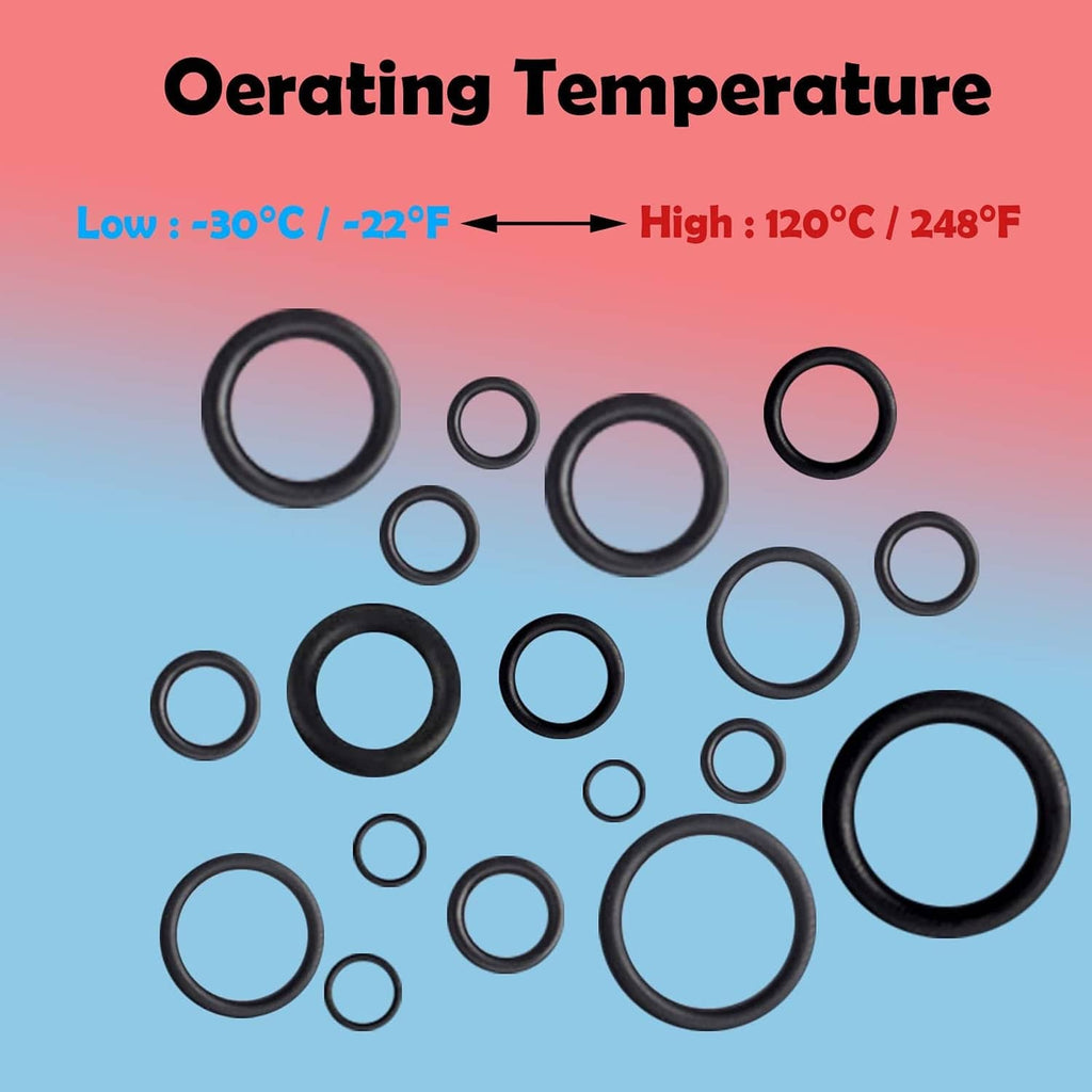 Black NBR O-rings displayed with derating temperature graphic and size assortment