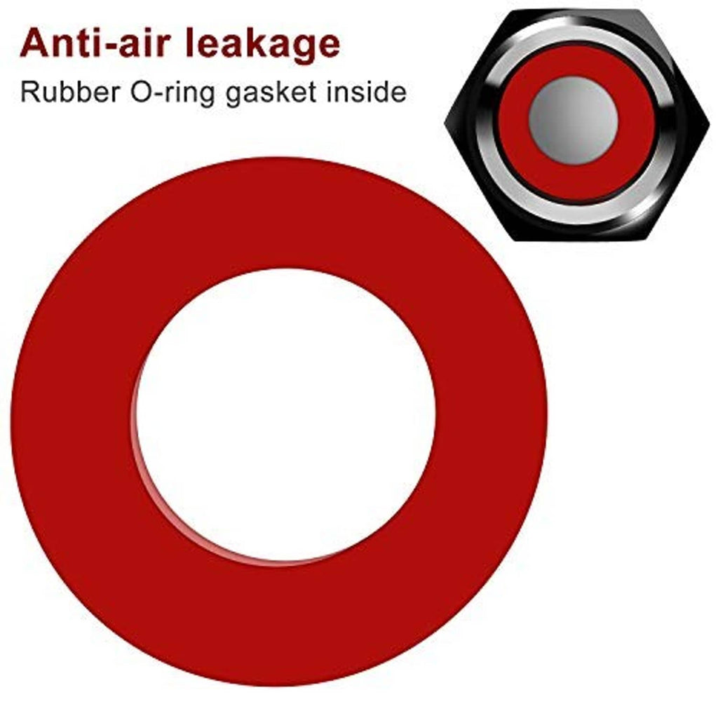 Black hexagon tire valve cap with visible internal rubber O-ring gasket in red