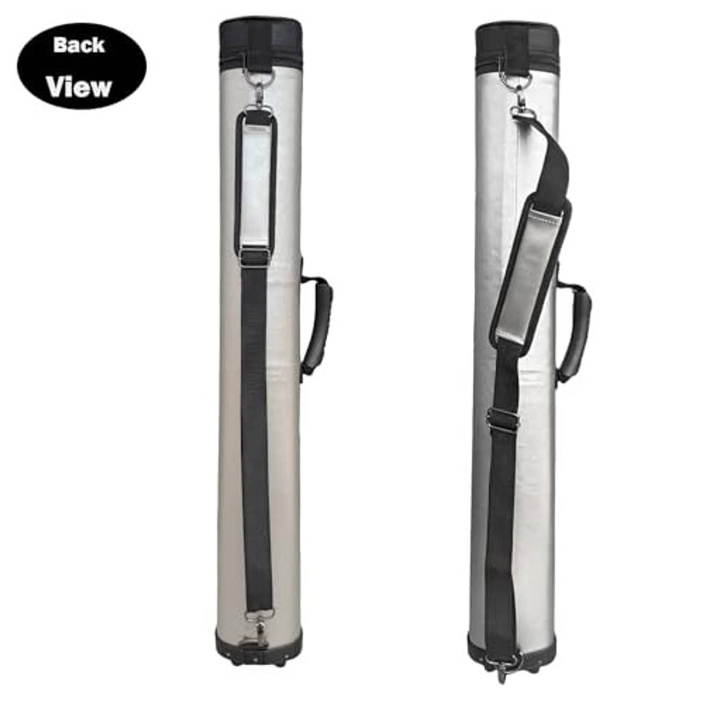 Pool cue case back view with adjustable strap loops and black base cap, oval hard-shell, silver.