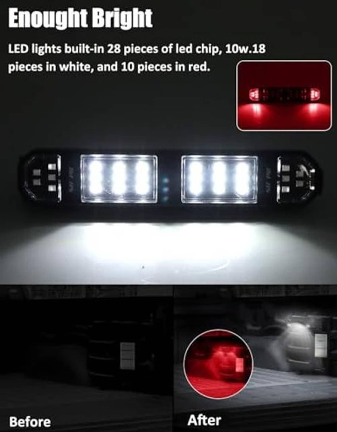 Battery LED light bar showing bright white LED glow across two rows, black frame