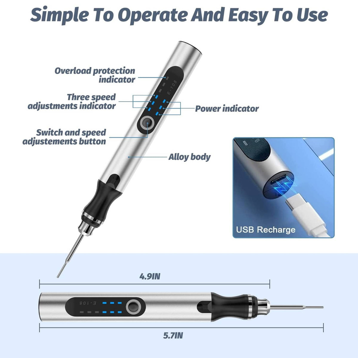 Portable electric engraving pen with alloy body, power indicator, and USB rechargeable tip