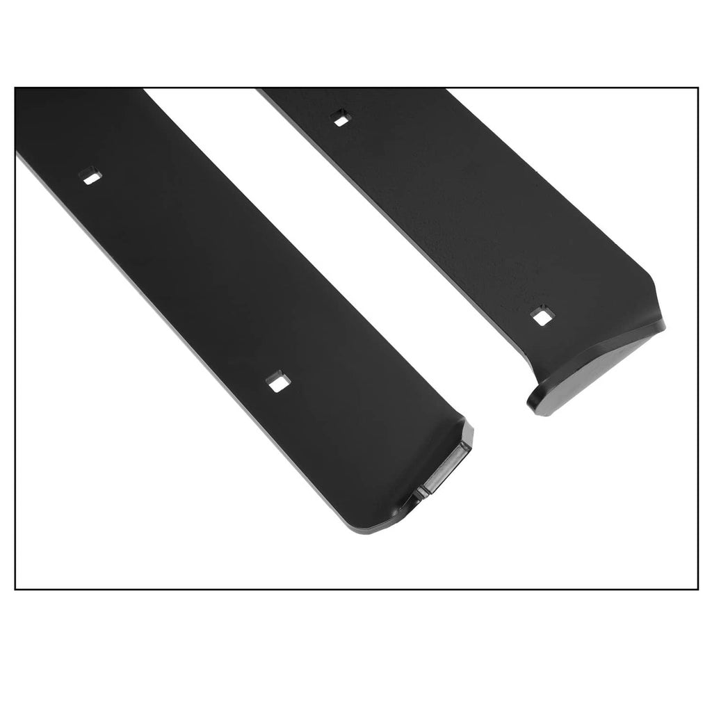 Angled view of two black snow plow cutting edge blades with mounting holes