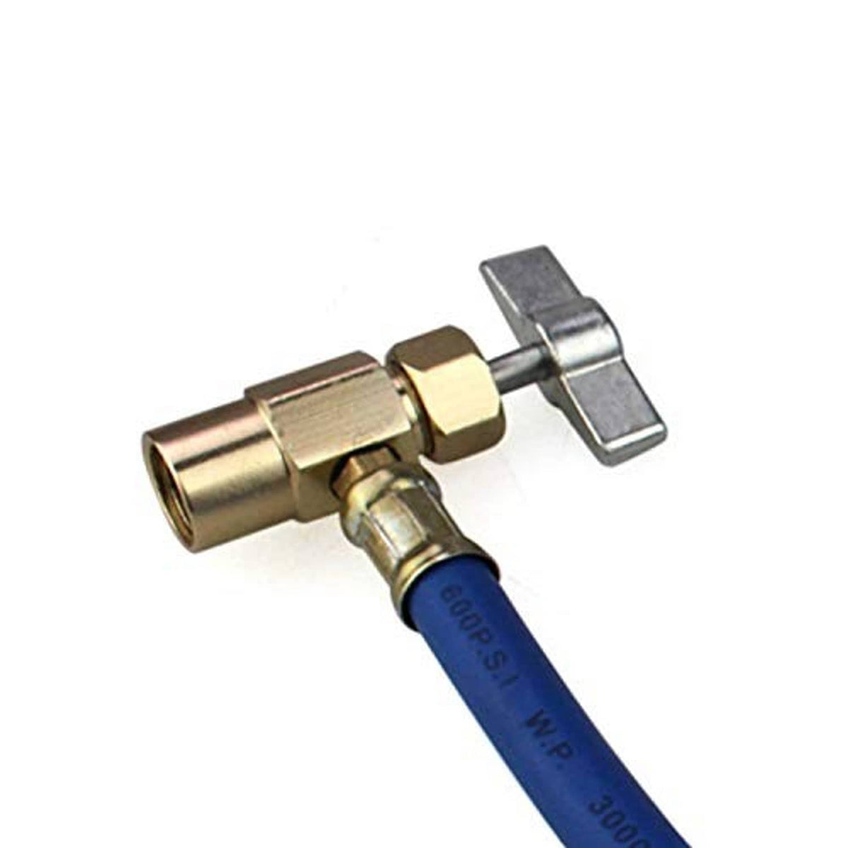 Refrigerant charging hose connector with brass and silver fittings, blue hose section