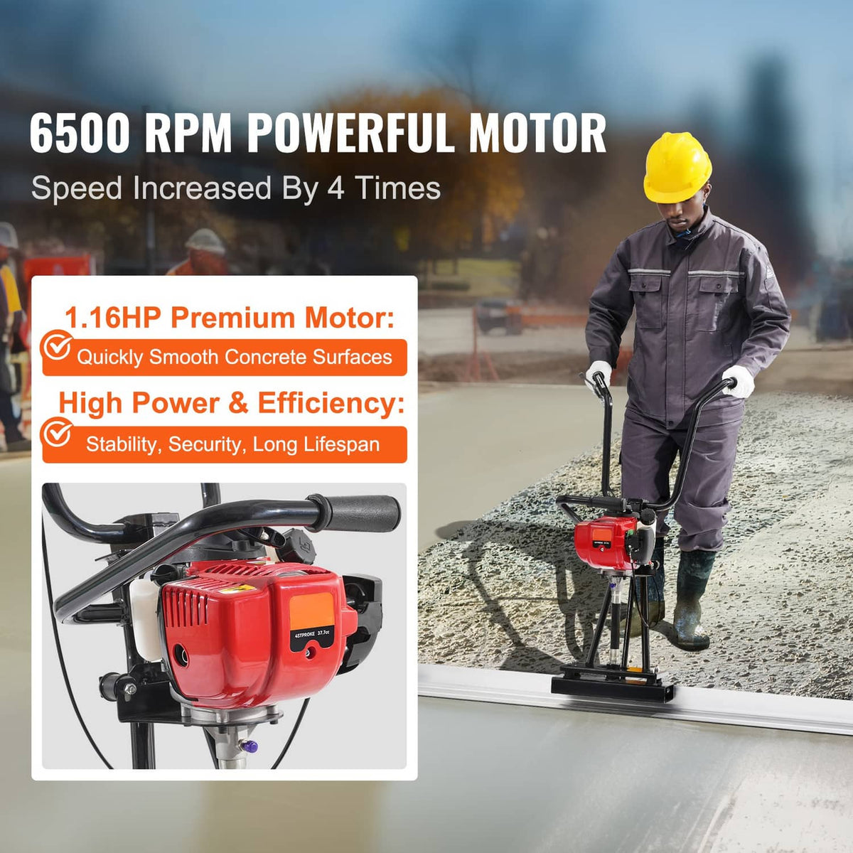 Gas concrete screed power float with red engine and black handle frame on blade board