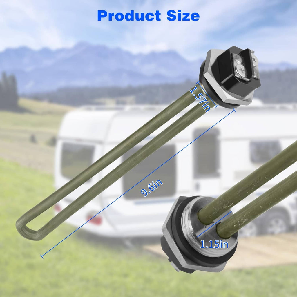 RV water heater heating element with screw-in hex connector and two long metal tubes