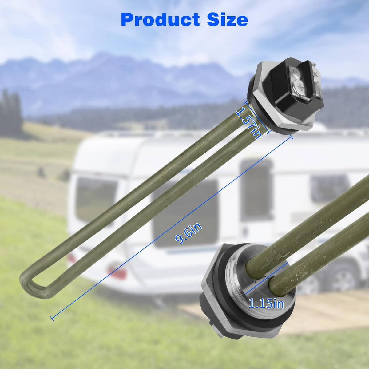 RV water heater heating element with screw-in hex connector and two long metal tubes