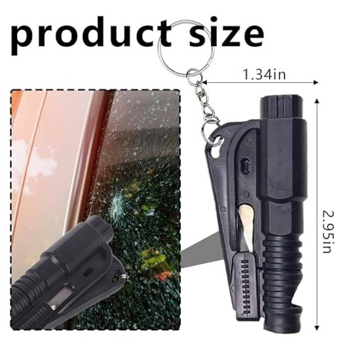 Black 2.95in car emergency escape tool with key ring and side mounted spike