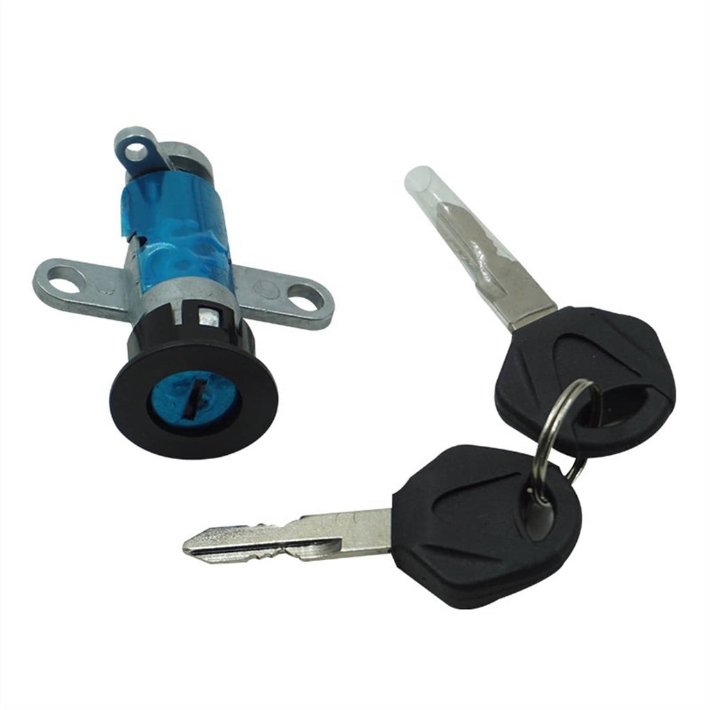 Key and lock set with blue ignition switch cylinder and black bezel, two metal keys