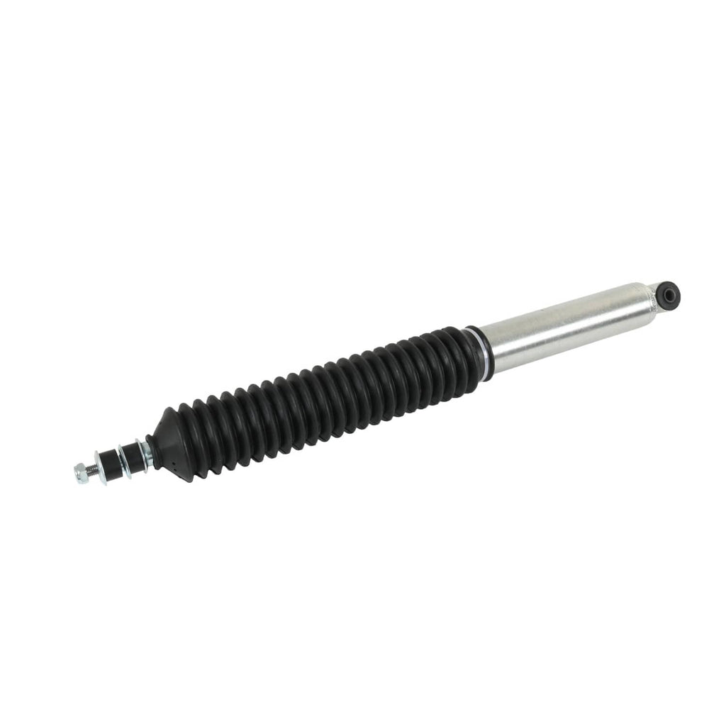 Rear shock absorber with black corrugated boot, silver rod, and mounting eye