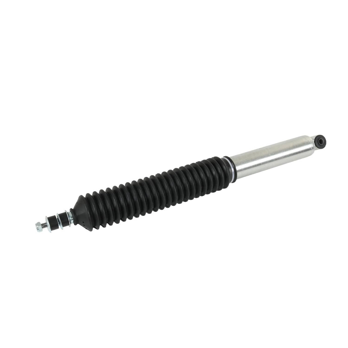 Rear shock absorber with black corrugated boot, silver rod, and mounting eye