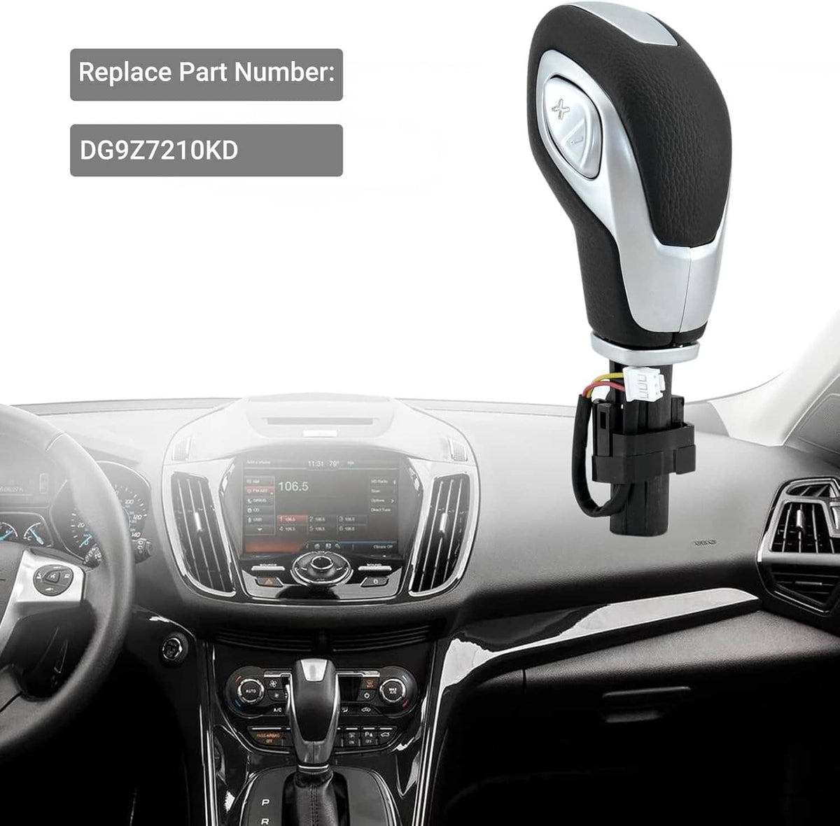 Installed automatic gear shift lever knob in car cabin, black and silver design