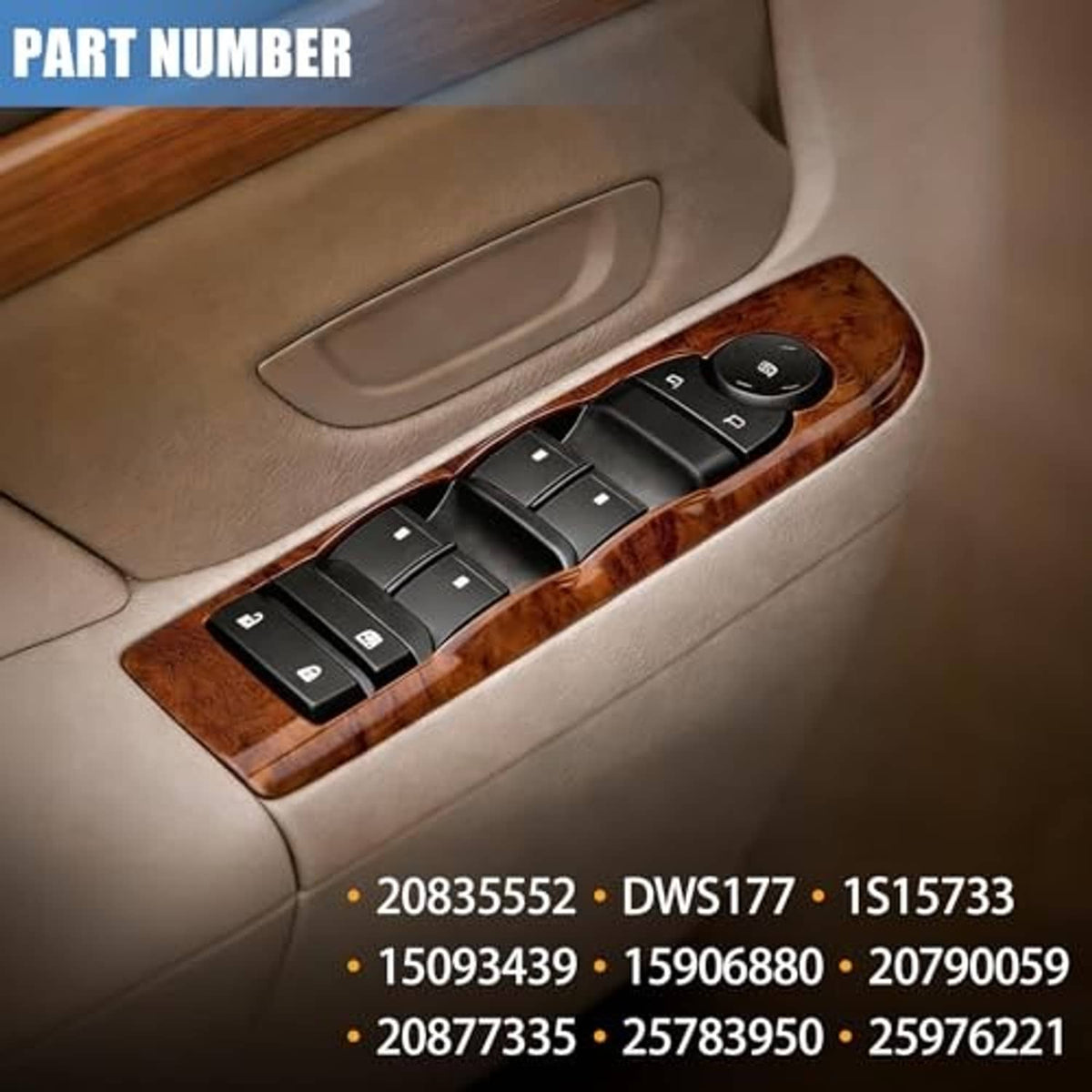 Front door-mounted power window switch panel with black controls in brown trim
