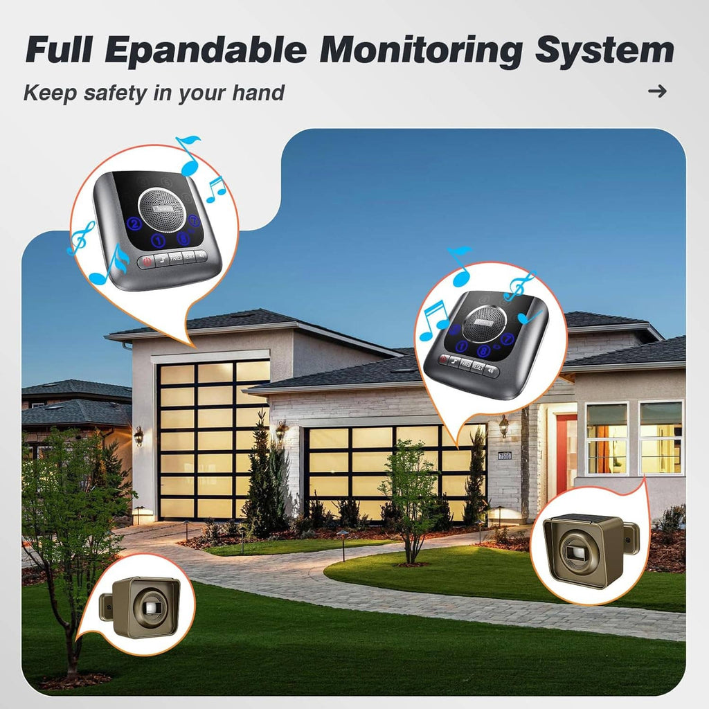 Wireless alarm monitoring system with four tan sensors and black receiver