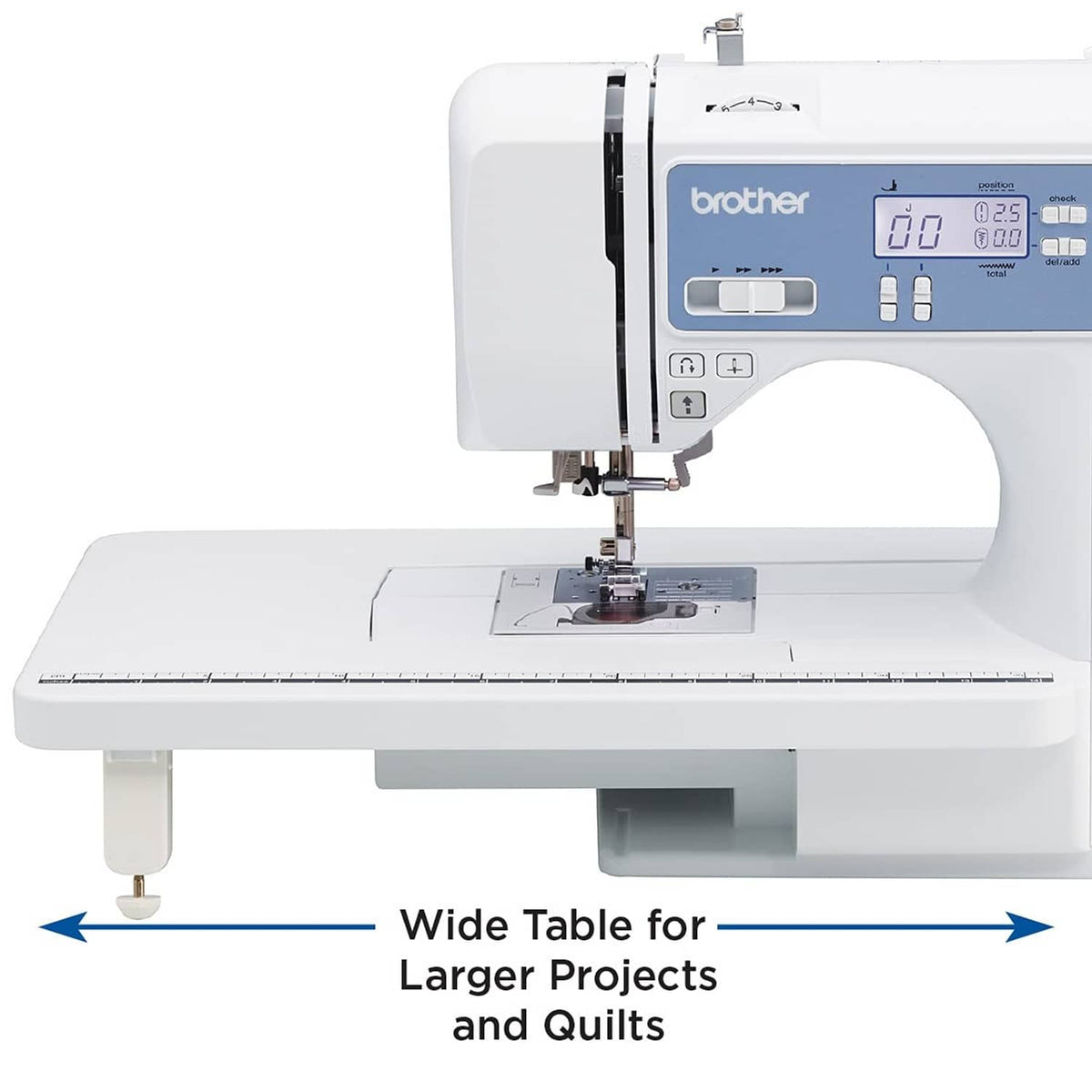 White computerized sewing machine with extended flat bed for larger quilting projects.