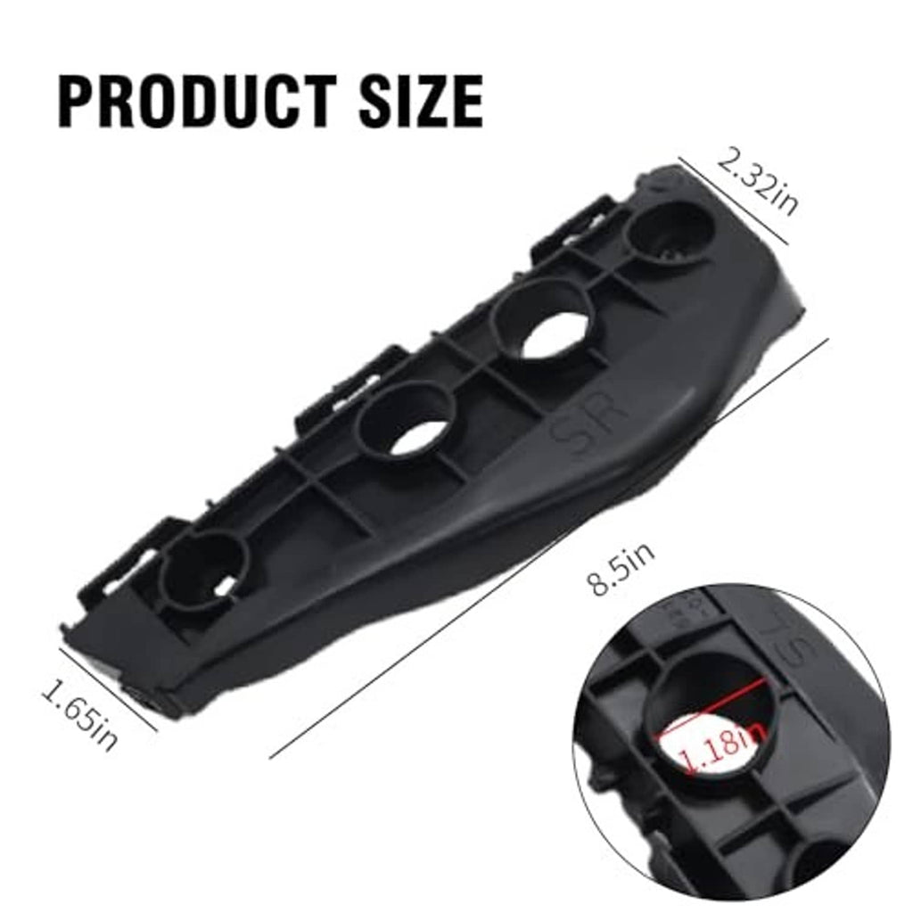 Black front bumper support bracket with mounting holes and size guide measurements