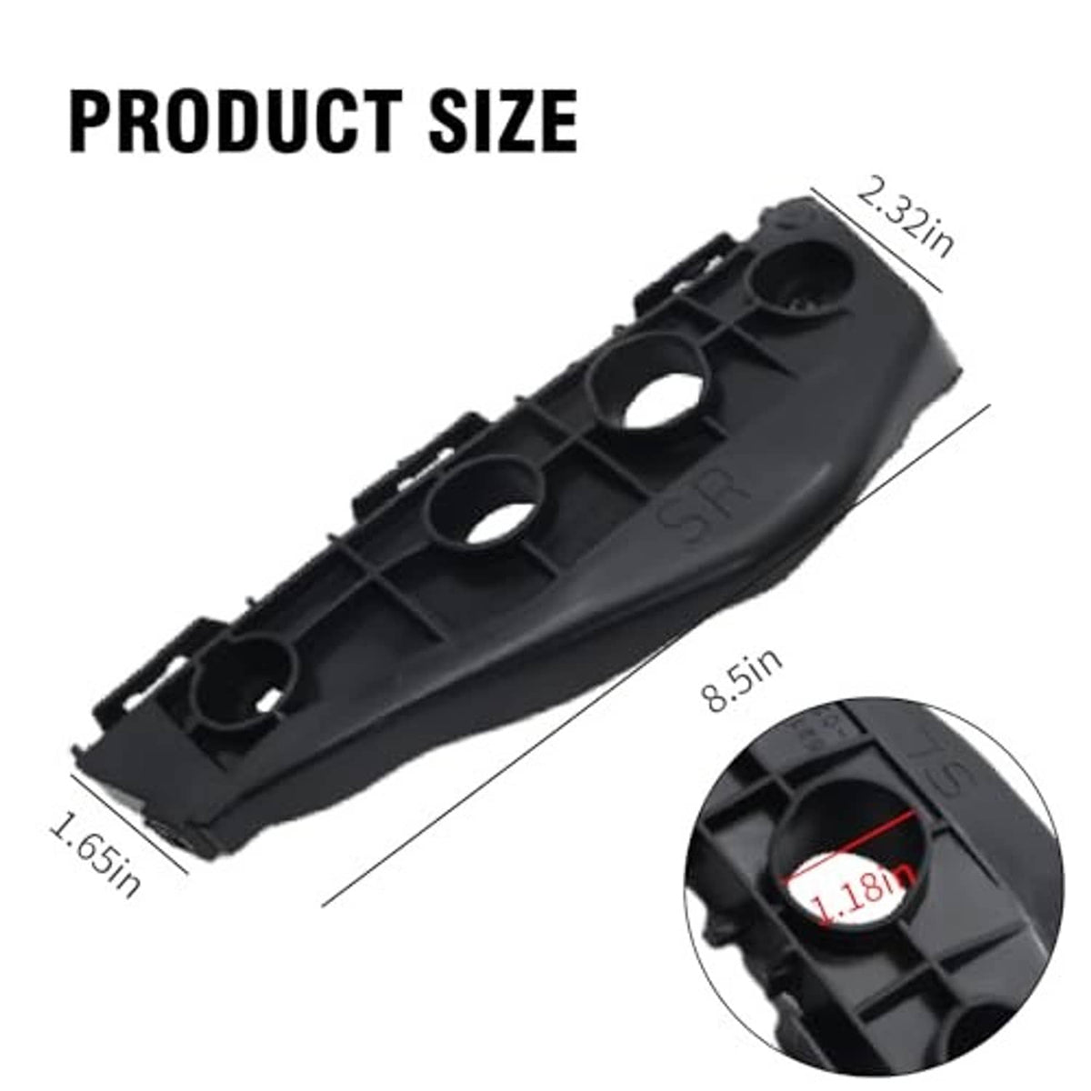 Black front bumper support bracket with mounting holes and size guide measurements