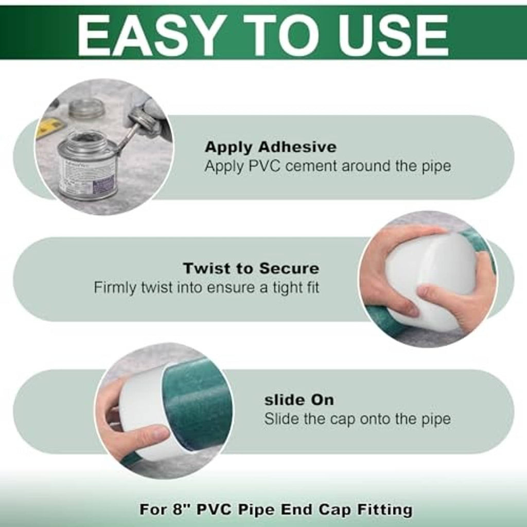 White PVC pipe end cap with installation guidance graphics