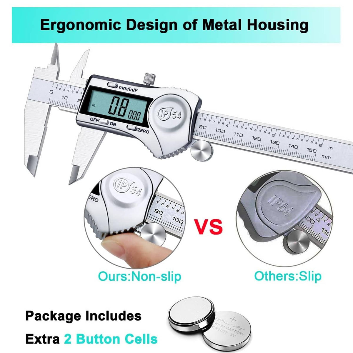 Digital caliper with IP54 housing, LCD screen, non-slip grip, extra button cells