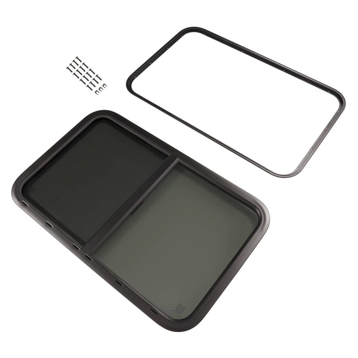 RV horizontal slider window with dark trim ring and tinted two-panel glass screen