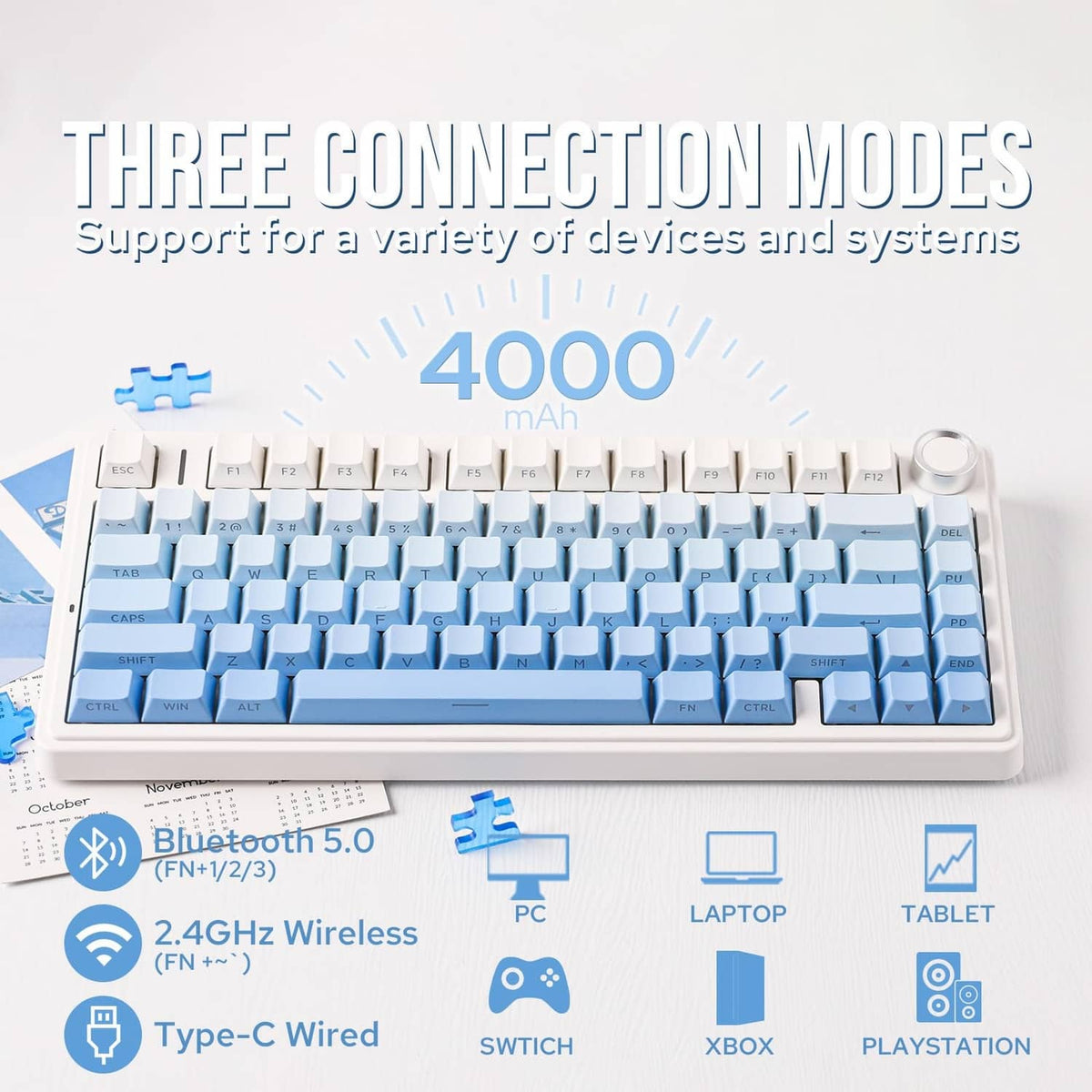 Light-blue mechanical keyboard with white frame and multi-device wireless connection