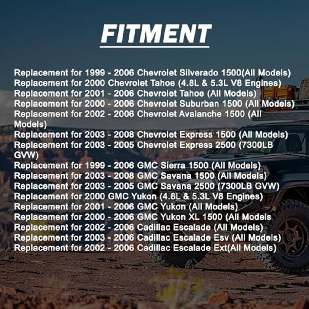Fitment chart graphic for front upper ball joints with vehicle compatibility text